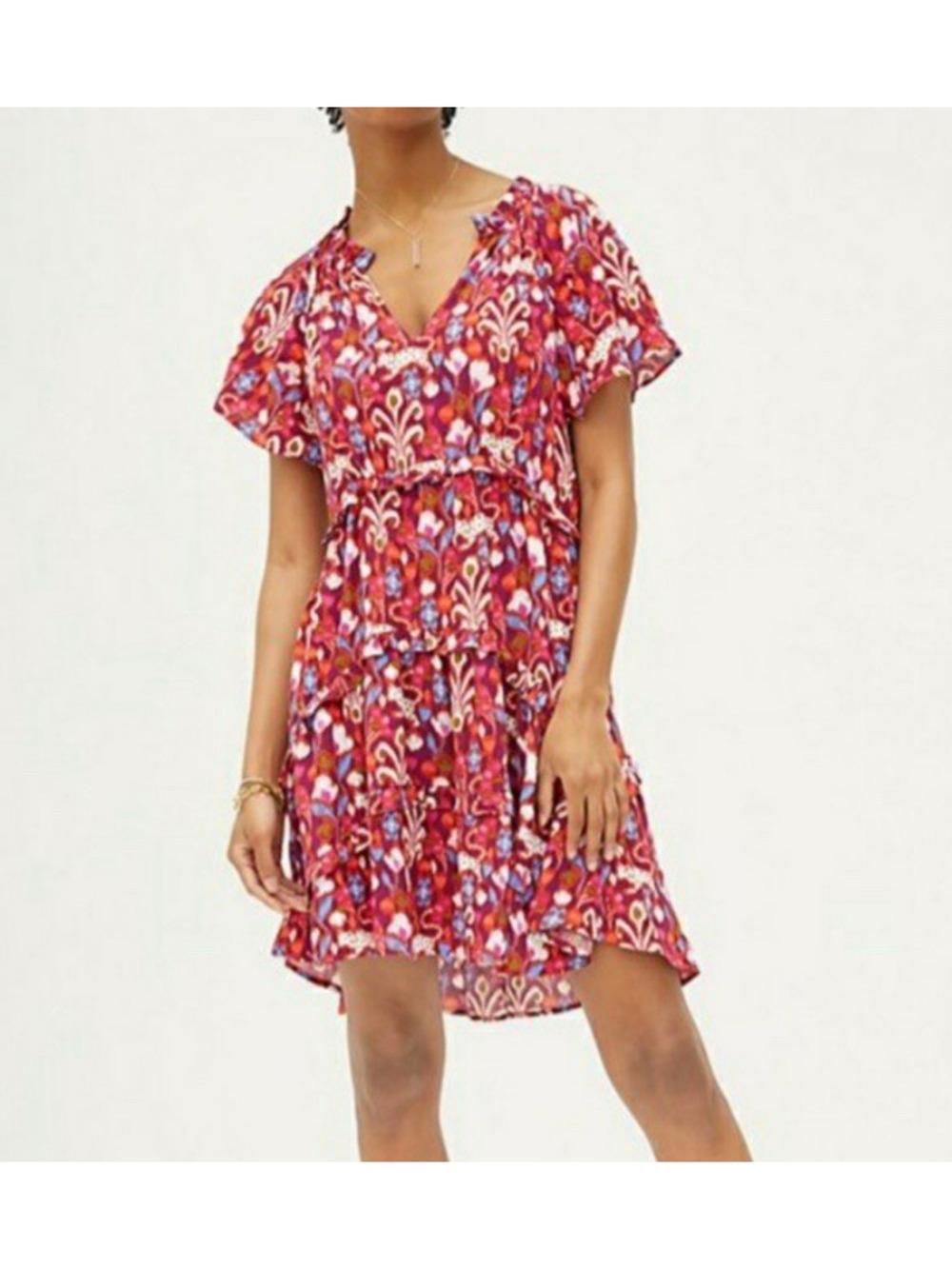 Anthropologie Robin Tiered Mini Dress S Red Floral Flutter Sleeve Boho Whimsical